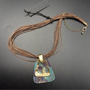 Copper Mixed Metals Statement Necklace On Brown Multi-Strand Cording NWT